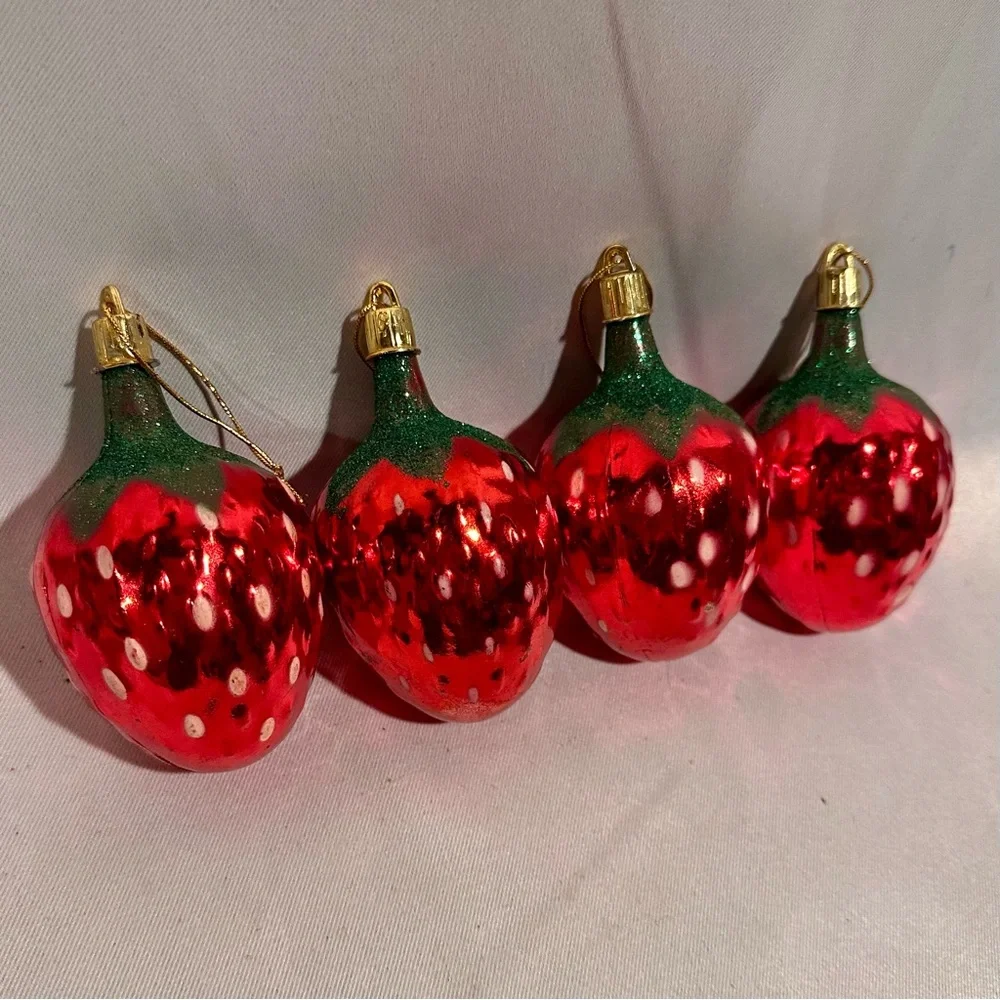 Vintage Festive Large Red Strawberry Shatterproof Christmas Ornaments Set of 4